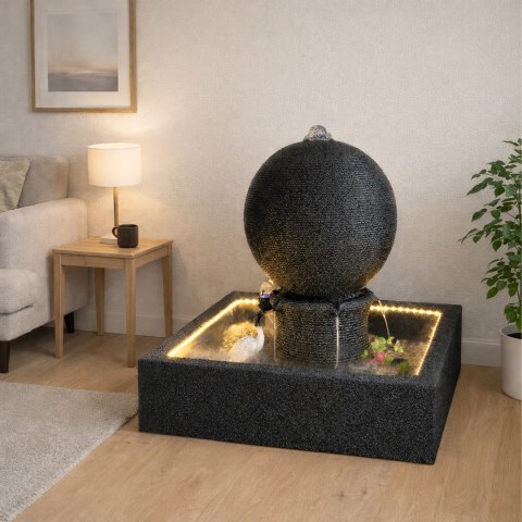 Fontanna Ogrodowa Duża Kula Wodna 90x90x98 cm Dekoracja Ogrodu Tarasu Led
