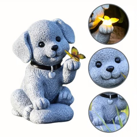 Lampa Lampka Solarna Ogrodowa Ozdobna Ozdoba Pies z Motylem Led Dekoracja