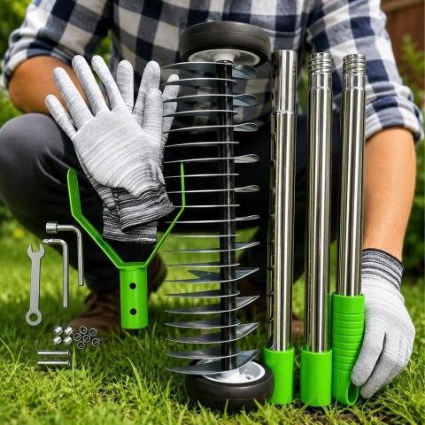 Aerator Wertykulator Ręczny na Kółkach Obrotowy Wahadłowy do Trawnika + Rękawice